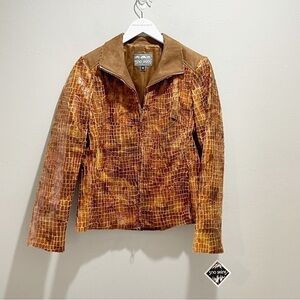 SNO SKINS Women's Orange Brown Textured Animal Print Full Zip Jacket USA 10